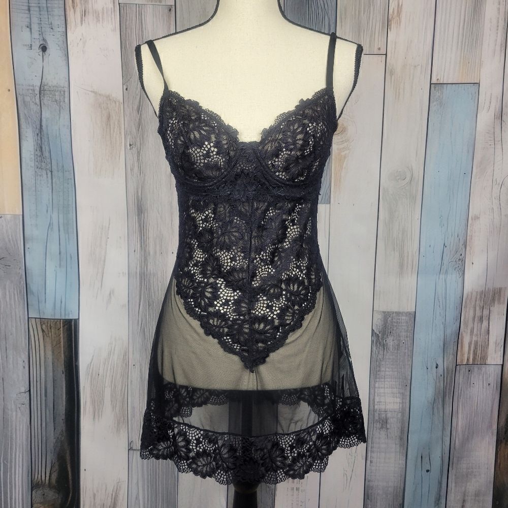 Oh La La Cheri Black Babydoll Chemise Underwire Lace Slip size Sm